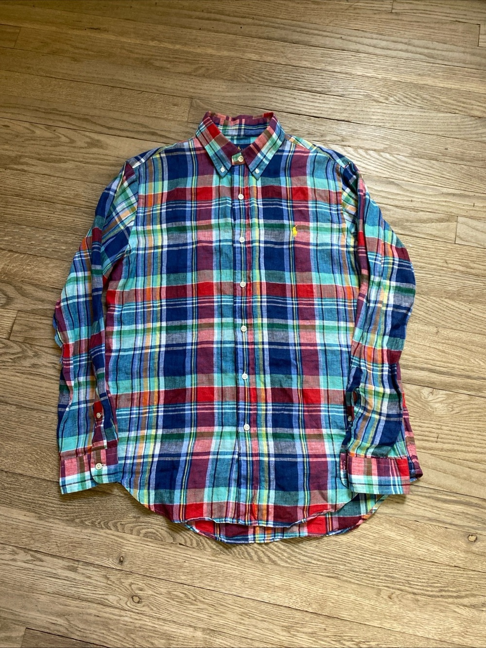 Ralph Lauren Linen Multicolor Plaid Button-Down Long Sleeve Madras - size M